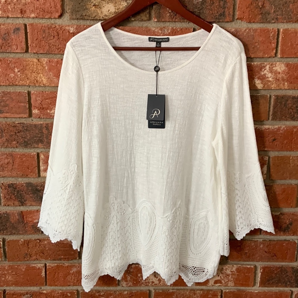 Adrianna Papell White Gauzy Crochet Trim Top